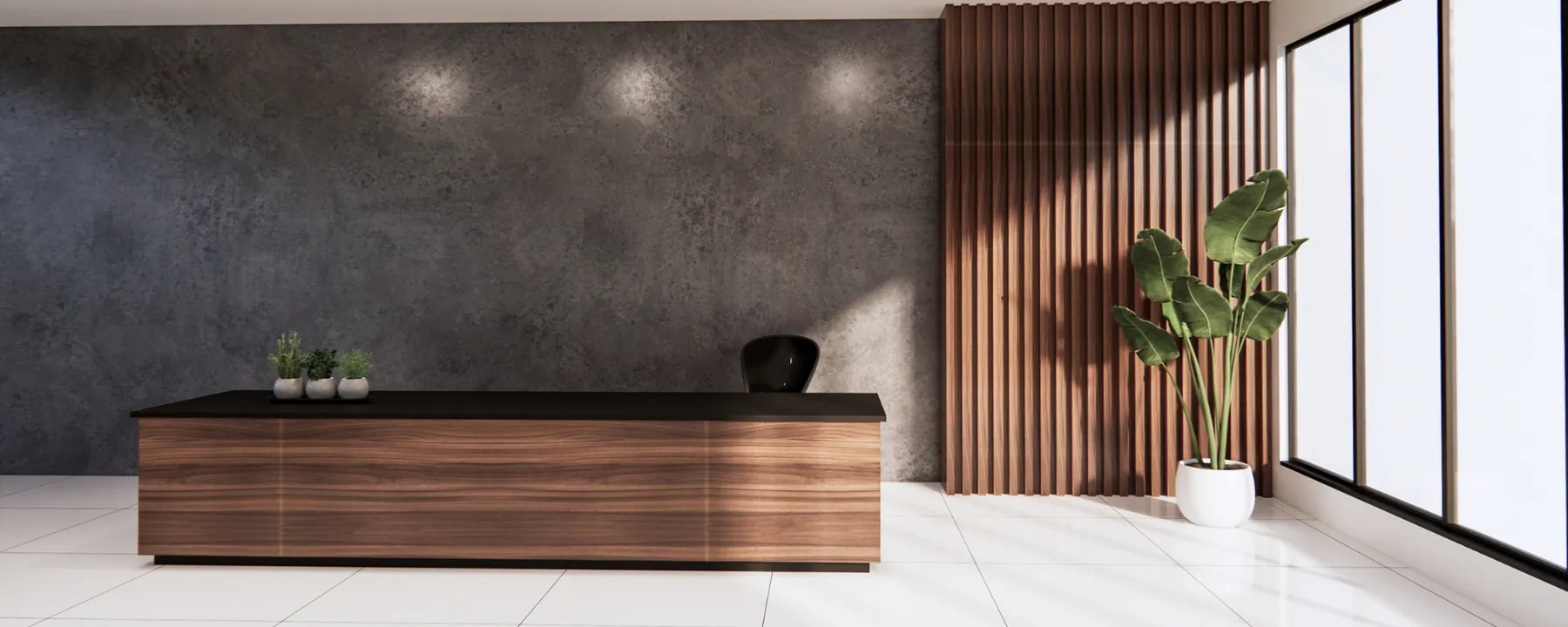 Modern office reception area with a wooden front desk