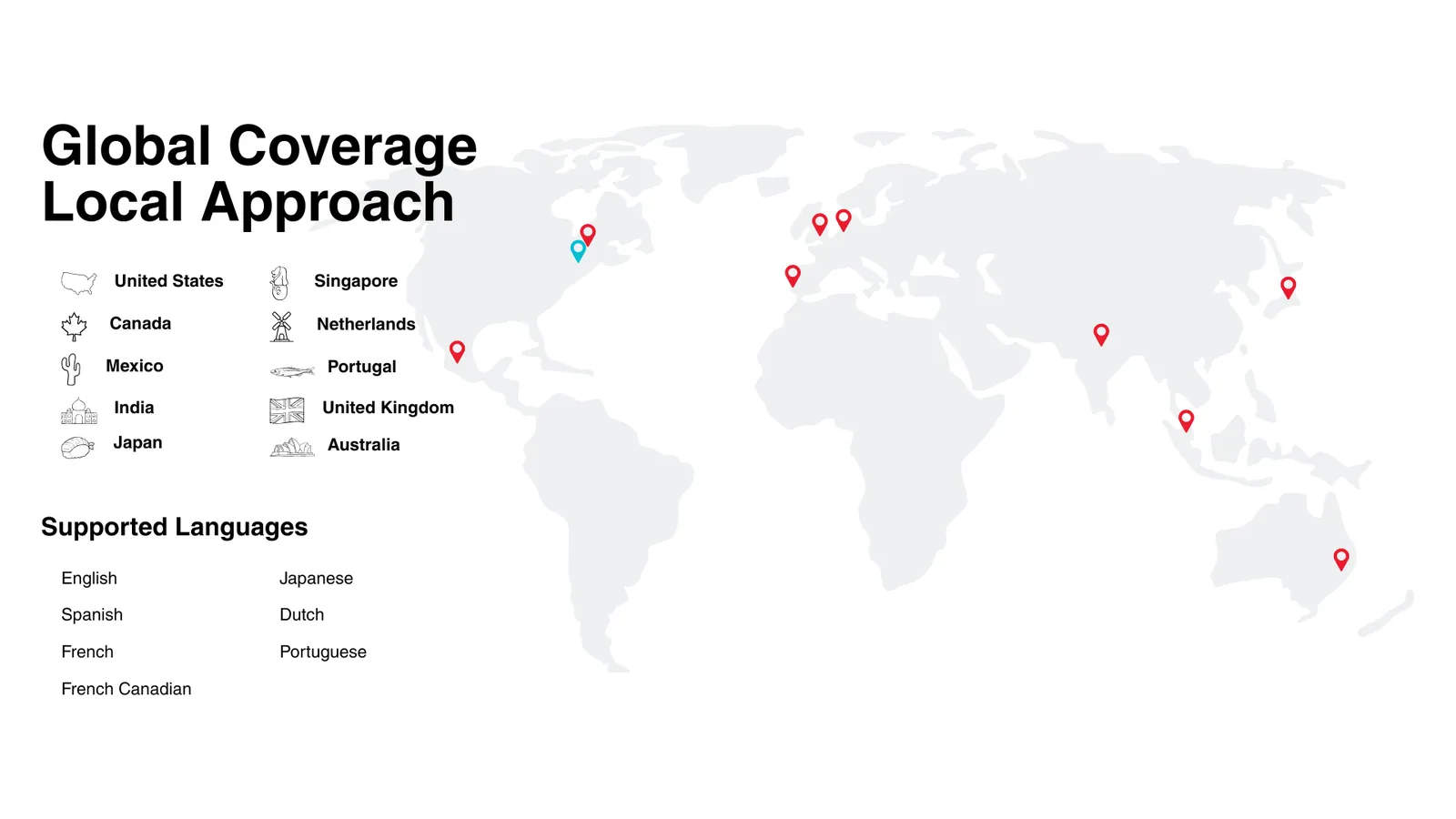 World map titled Global Coverage, Local Approach, marking office locations and supported languages